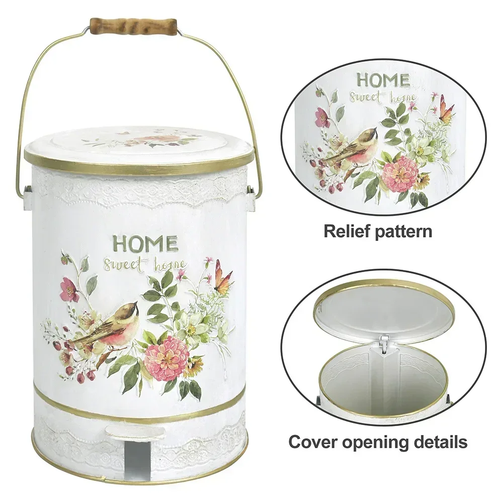 

Metal Round Trash Can Suitable for Kitchen And Outside Garden Rural Waste Basket Creative Garden Farmhouse Decoration