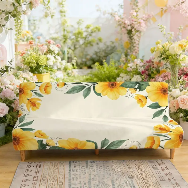 

Эластичный диван-кровать без подлокотников, чехол на диван с желтым цветком и зеленым листом, большой цветочный узор, подходит для гостиной и спальни