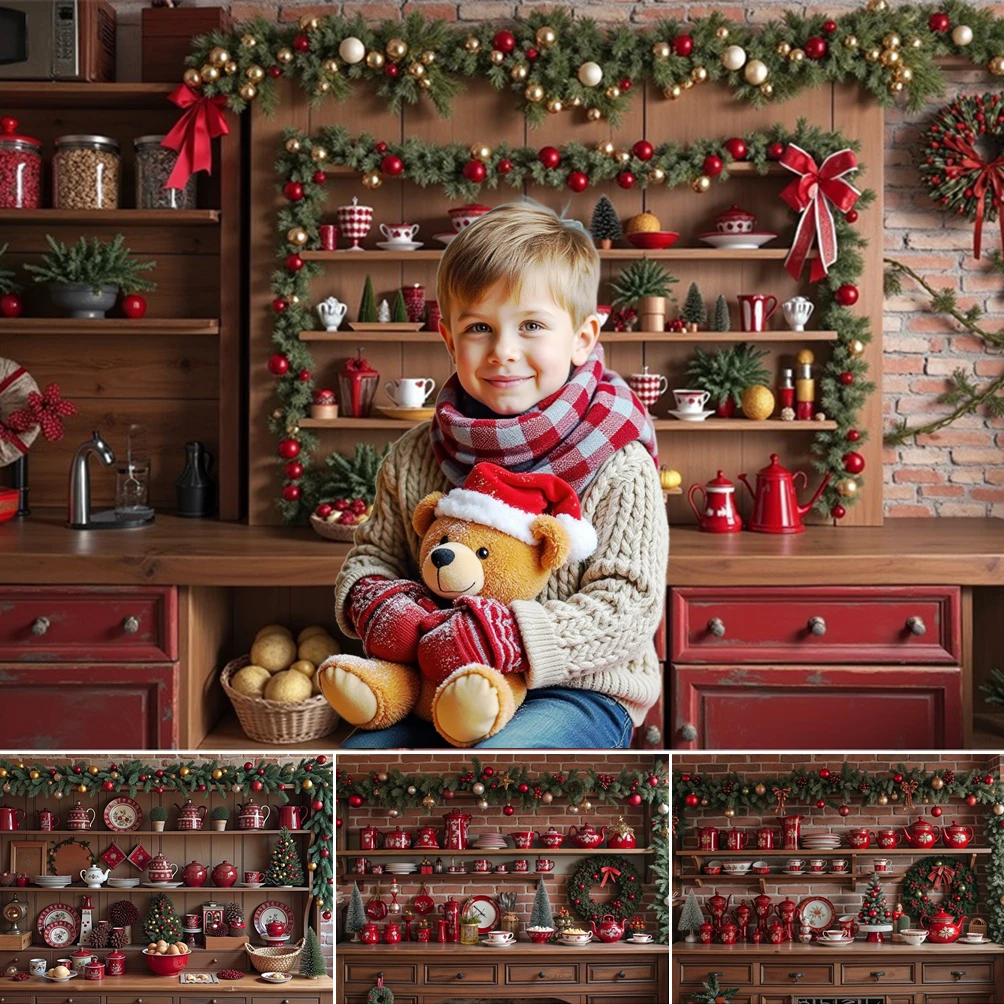 

MOON.QG New Year'S Decor Christmas Background Wreath Red Wooden Cabinet Photography Backdrop Photozone Party Supplies Studio