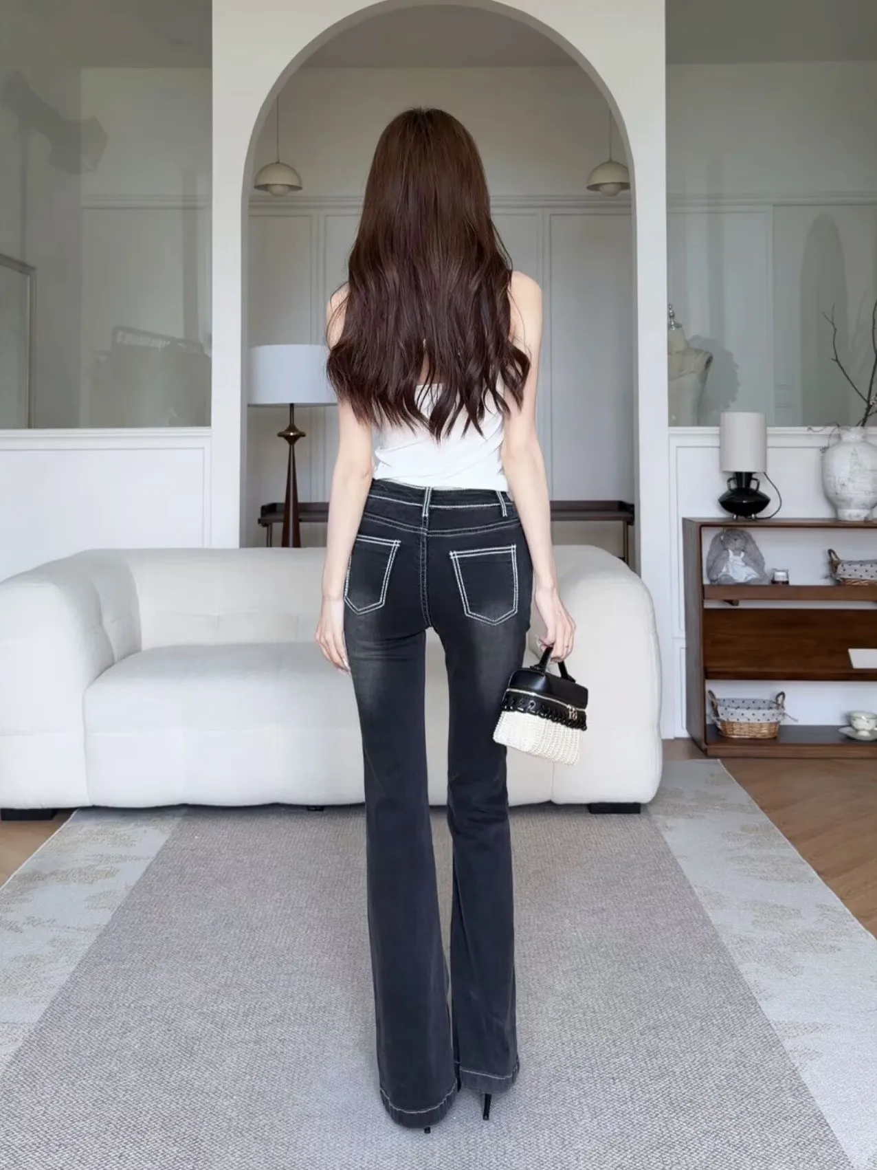 Low Waist Flared Jeans Women's Original Design Embroidery Bright Stitching Mid-Rise Slim Fit Medium Stretch Denim Pants