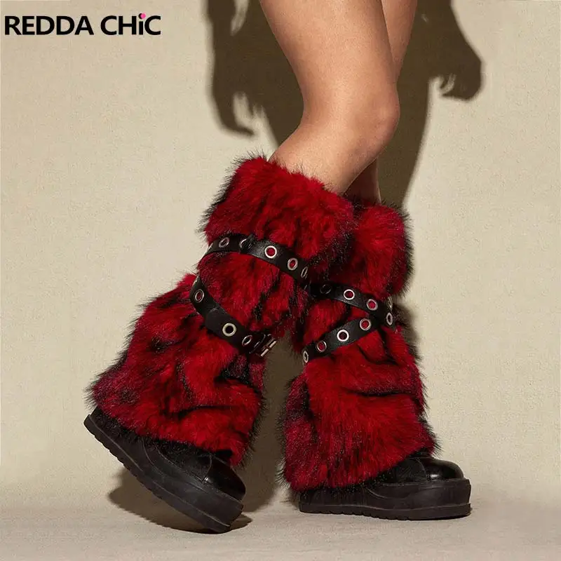 REDDACHiC Winter Women Faux Fur Leg Warmers Vintage Ombre Eyelets Belt Fluffy Midi Long Boot Covers Rave Music Festival Outfits