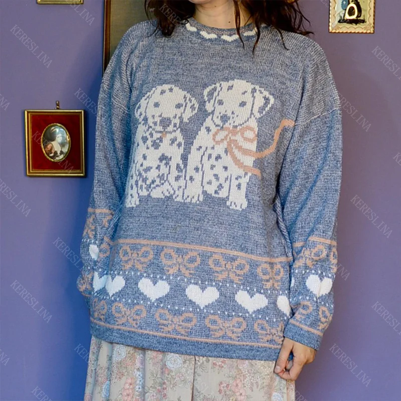 2000s aesthetic cute puppy pattern printed streetwear autumn and winter women's pullover hoodie American retro pullover sweater