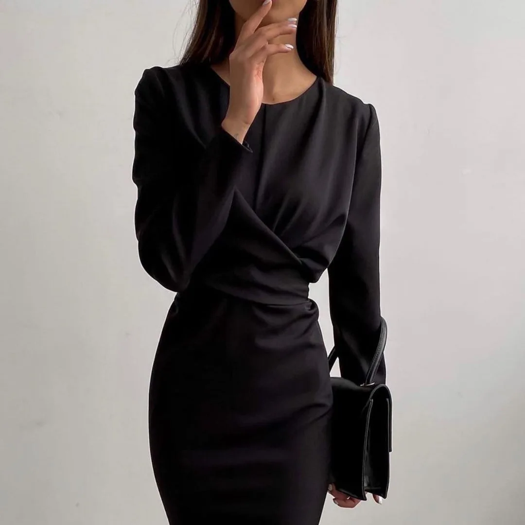 Vestido midi ajustado de manga larga con cuello redondo y diseño fruncido, ideal para el día a día, la oficina o un look casual y elegante.