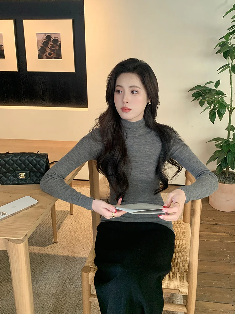 

RUCOO ey High Collar Long Sve Wool Knitted Sweater Women's Winter Slim Fit Base irt Top Korean Sle Sl Knit