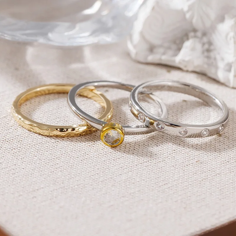 3pcs/set Ladies' Minimalist Circle Ring Set Hammer Pattern Design Inlay Synthetic Zircon Luxury Ring Elegant Jewelry Accessory