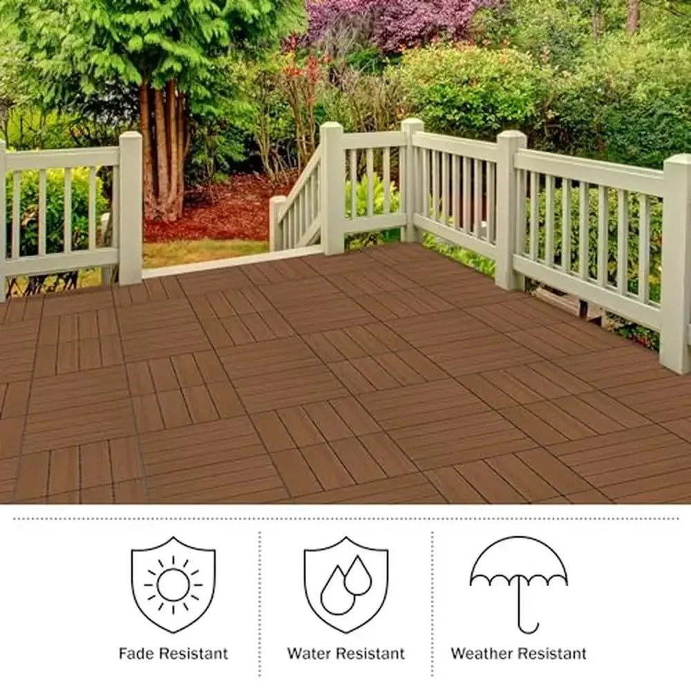 Woodgrain Interlocking Deck Tiles 6-Pack 11.6" Waterproof Outdoor Flooring Poolside Patio Click Decking DIY Nonslip Composite