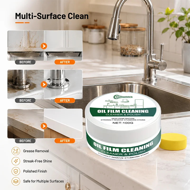 Kitchen degreasing cleaner, works instantly, perfect for removing grease, dirt, tar residue and oil film, leaving a polished shi