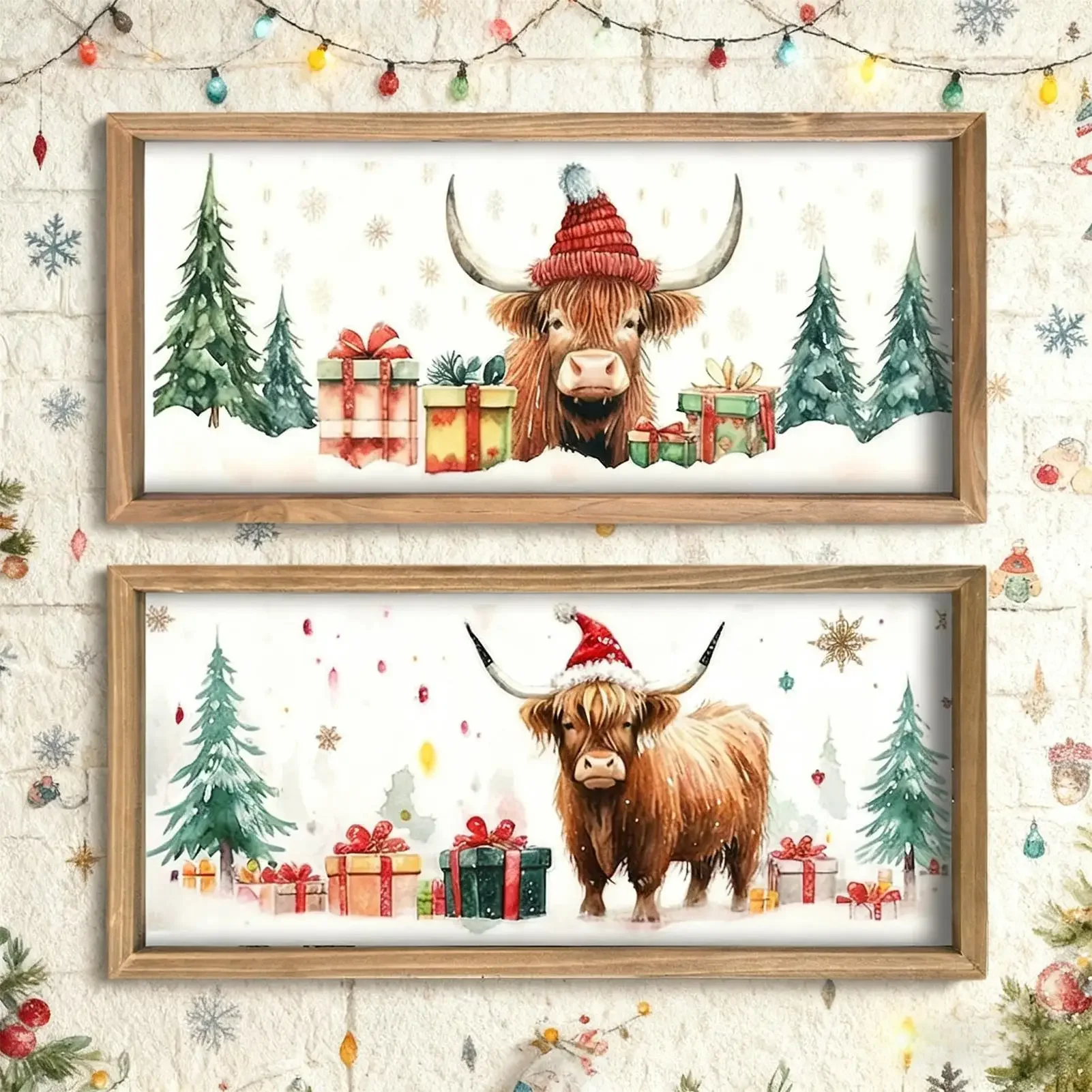 2PCS Christmas Highland Cow Picture Farmhouse Wall Decoration Rustic Wood Print Cow Art Wall Decor Christmas Decoration