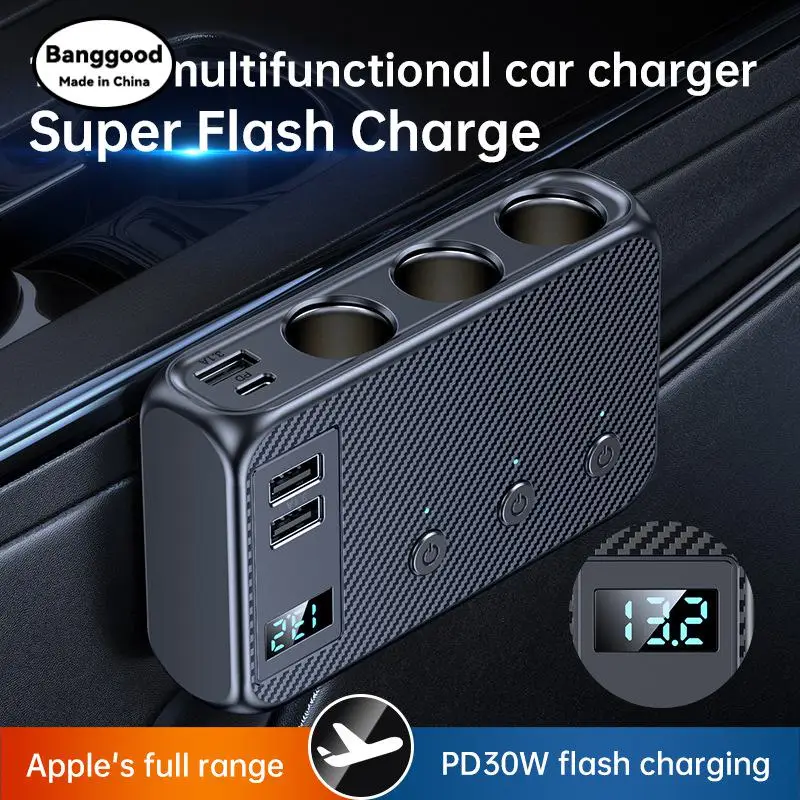 C29S High-power Car QC Fast Charging PD Charger, Front and Rear Charge The Smoke Hole To Measure The Voltage Ambient Light