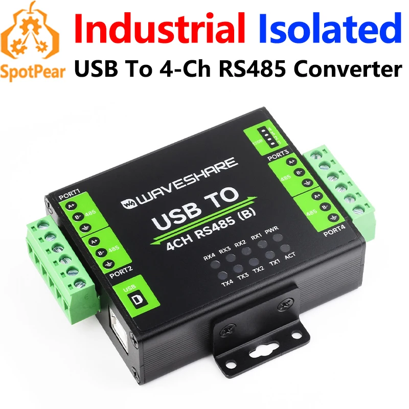 

Промышленный изолированный преобразователь USB в 4 канала RS485 (B) UART CH344L для настенного/рейного крепления