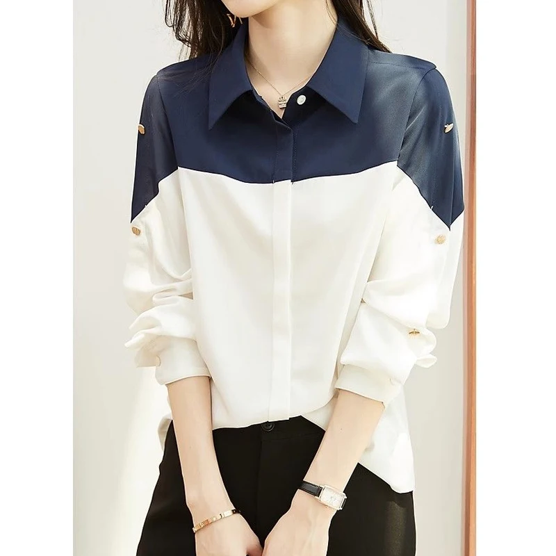 Contrast Simplicity Office Lady Blouse Spring New Long Sleeve Polo Neck Loose Patchwork Shirt Tops Elegant Fashion Women Clothes