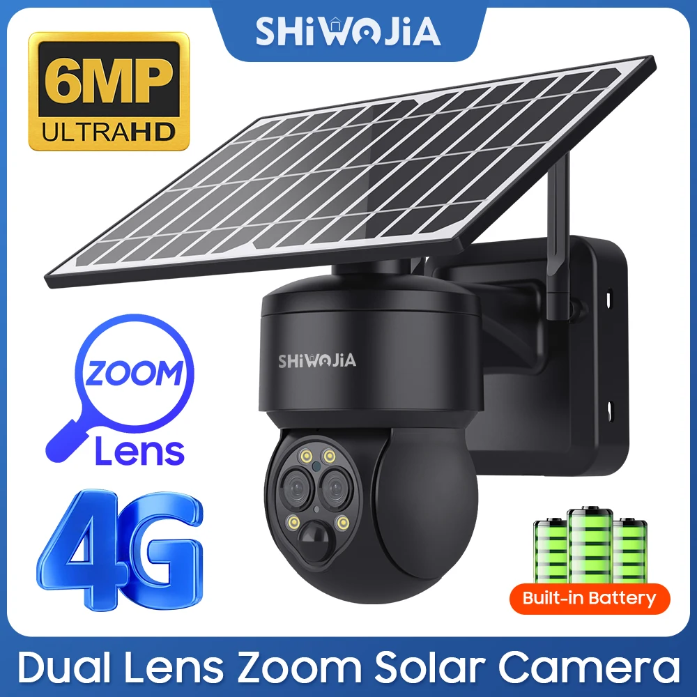 SHIWOJIA 3K 6MP Solar Camera 4G SIM 12X ZOOM WIFI Security Outdoor Dual Lens Recording Humanoid Tracking Color Night Vision