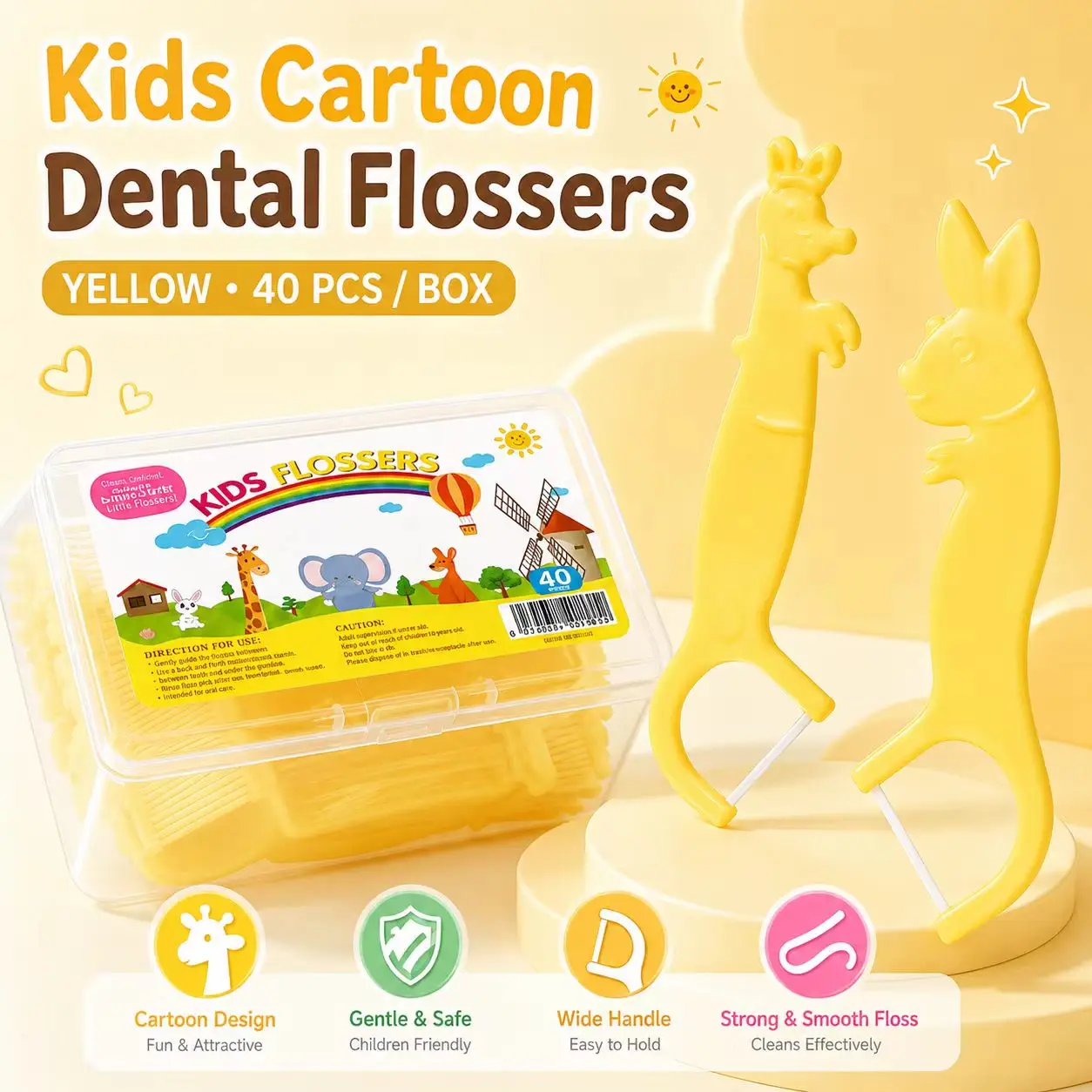 Lovely Cartoon Kids Floss Picks 40Pcs , Soft Gum-Friendly Floss, Easy Grip Portable Teeth Cleaner For Daily Home & Travel