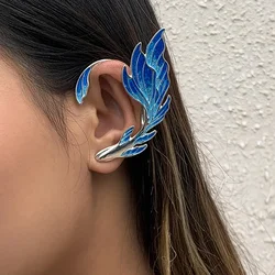 New Luxury Blue Painted Elf Ear Cuffs for Women Fish Animal Clip on Earrings Fairy Wings Without Piercing Earrings Jewelry Gift