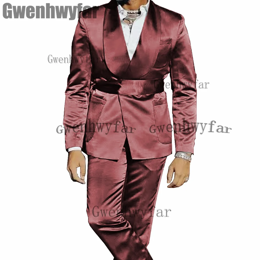 Gwenhwyfar High Quality Men\'s 2 Piece Suit Satin Wedding Tuxedo Party Dress Slim Fit Fashion Banquet Jacket Sets (Blazer+Pants)