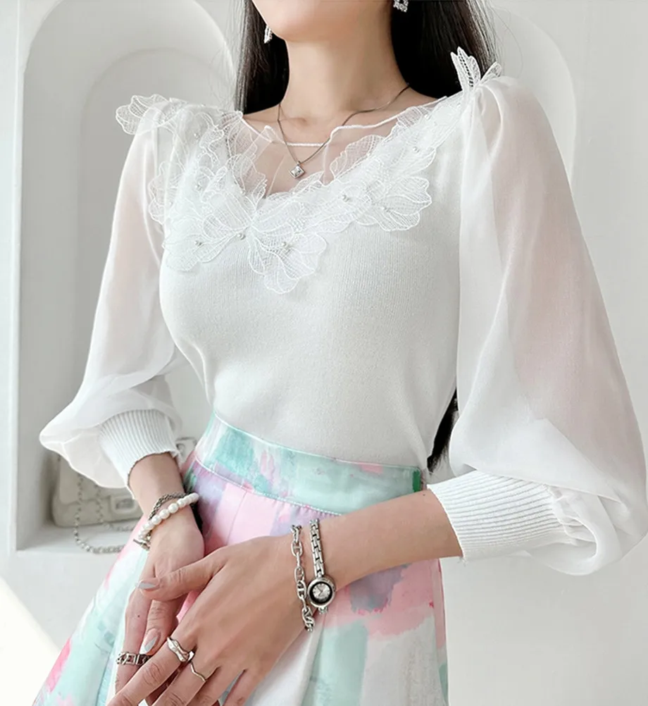 

Summer Fall Elegant Office Lady Solid Knitted Pullover Jumper Tops Fashion Lace Beaded Long Sleeve Sunscreen Women's Knitted Top