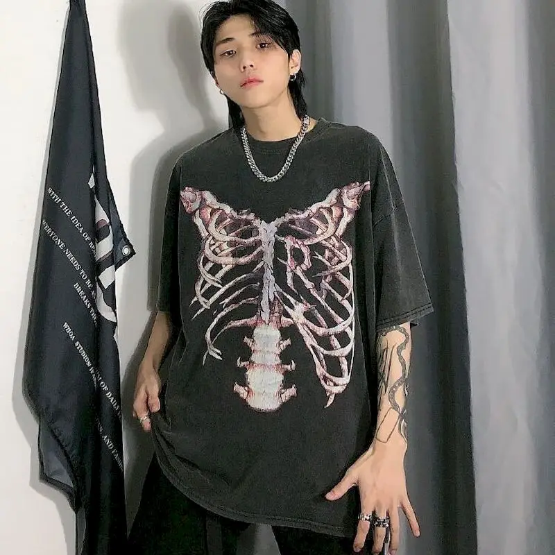 American Retro Skeleton T-shirts for Women and Men Washed Short Sleeved Tops Stir Fried Snowflakes Off Shoulder T Shirt Couple T