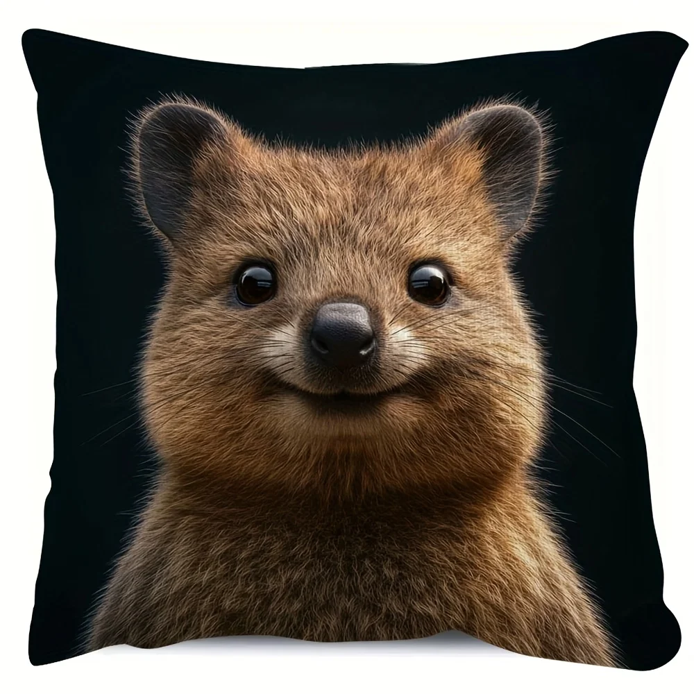 Smiling Quokka Portrait Double-Sided Pillowcase, Cute Australian Animal Cushion Cover with Zipper, Washable Decor Case