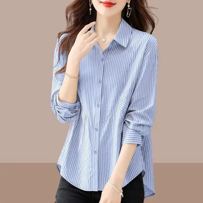 Women\'s Autumn Fashion Simplicity Striped Polo Collar Long Sleeve Shirts Women Clothes All-match Casual Loose Temperament Tops