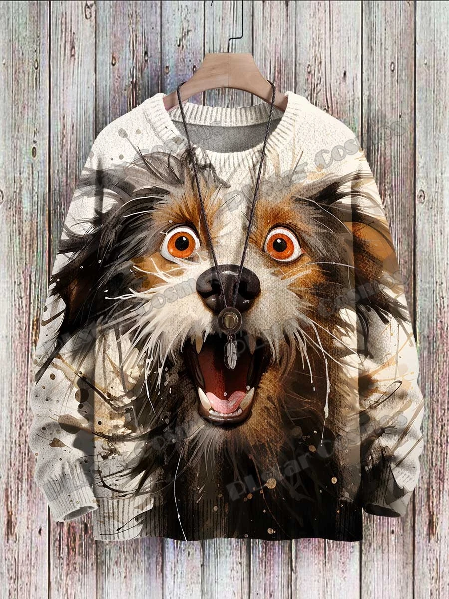 Cute Funny Dog ​​Puppy Vintage Art Pattern 3D Printed Men's Knitted Pullover Winter Unisex Casual Knit Pullover Sweater ZZM111