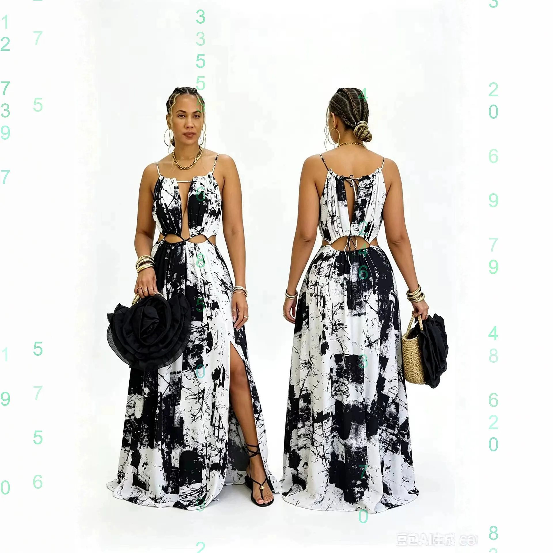 

Women's Sleeveless Backless Long Maxi Dress Ink Print Jumpsuit Spring Summer