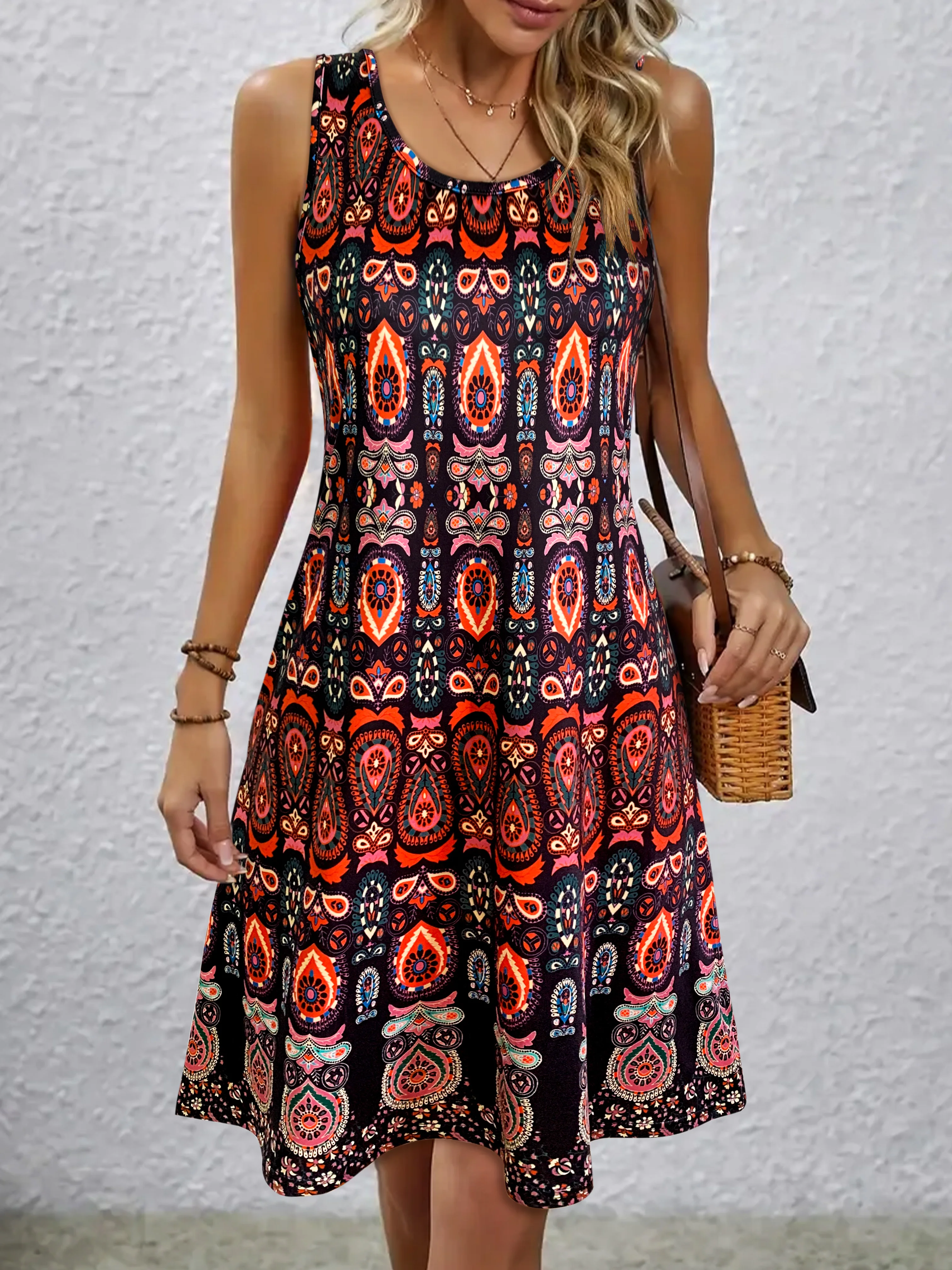 Vestido sin mangas con estampado vintage para mujer, vestido veraniego con hombros descubiertos, vestido de playa bohemio informal
