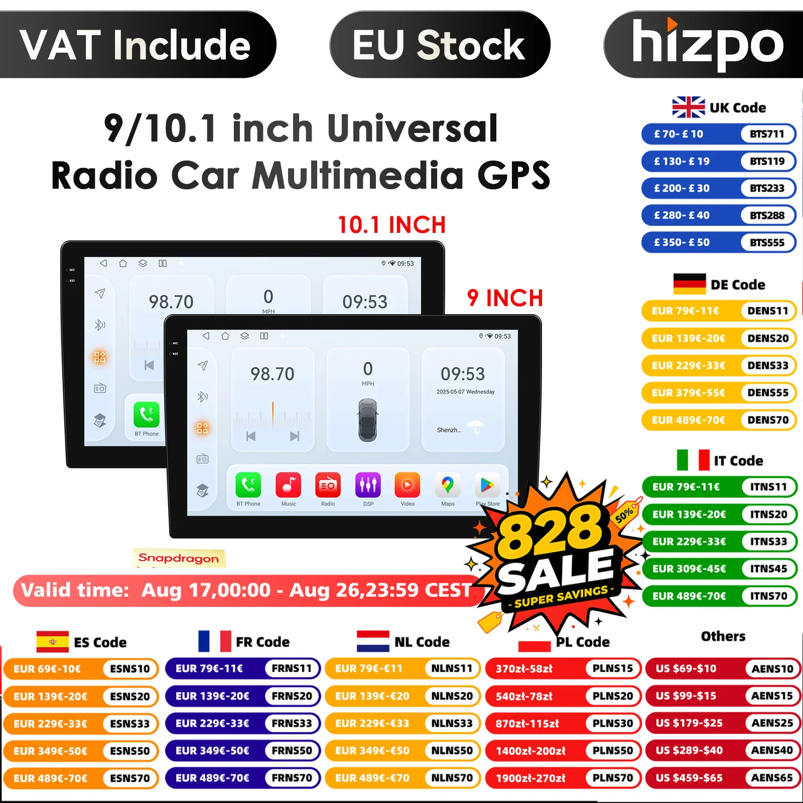 Hizpo Qualcomm Autoradio Carplay Android Auto Stereo Multimedia Player Universal 5GWIFI GPS Autoradio AI Auto Intelligente Systeme