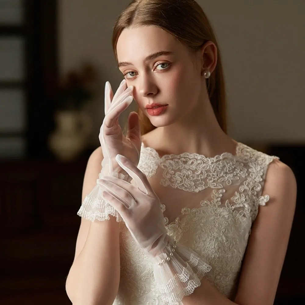 Fashion Short Bridal Gloves Sunscreen Ruffled Transparent Lace Gloves Tulle Mesh Thin Full Finger Mitten Women