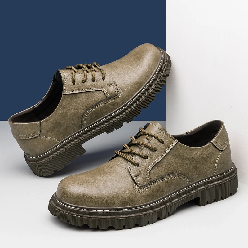 

Spring Autumn Men's Leather Shoes Casual Workwear Thick Sole Round Toe Lace Up Comfortable Retro Luxury Men Business Shoes