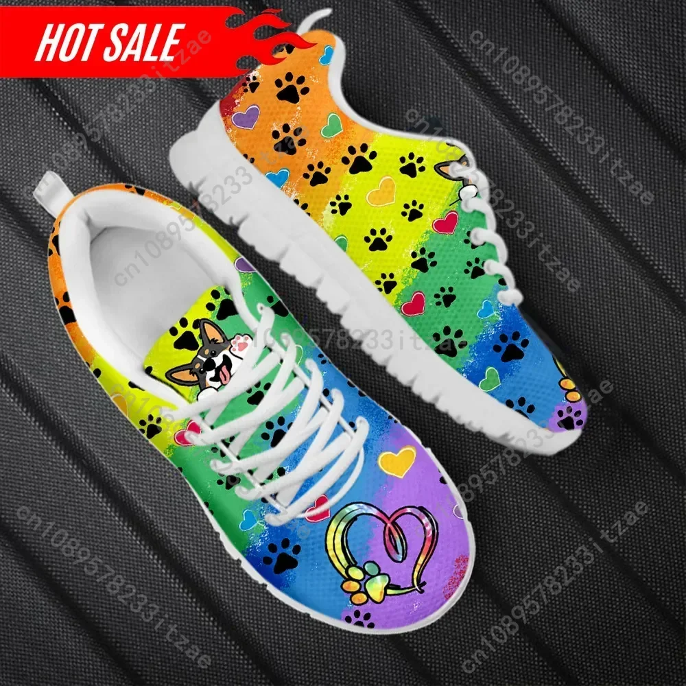 New Arrivals Women Mesh Sneakers Rainbow Gradient Welsh Corgi Cartoon Pattern Flat Shoes for Dog Lovers Zapatillas