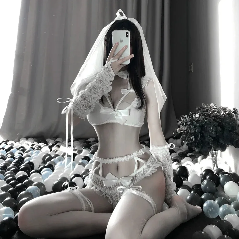 Black Lace See Through Wedding Dress Bride Cosplay Women Sexy Lingerie Push Up Bra Erotic G-String Maid Costume