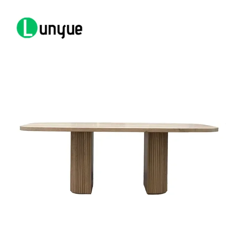 Modern French Pastoral Oval Pedestal Dining Table Fluted Vertical Reeded Solid Oak Wood Column Base for Hotel Restaurant Home