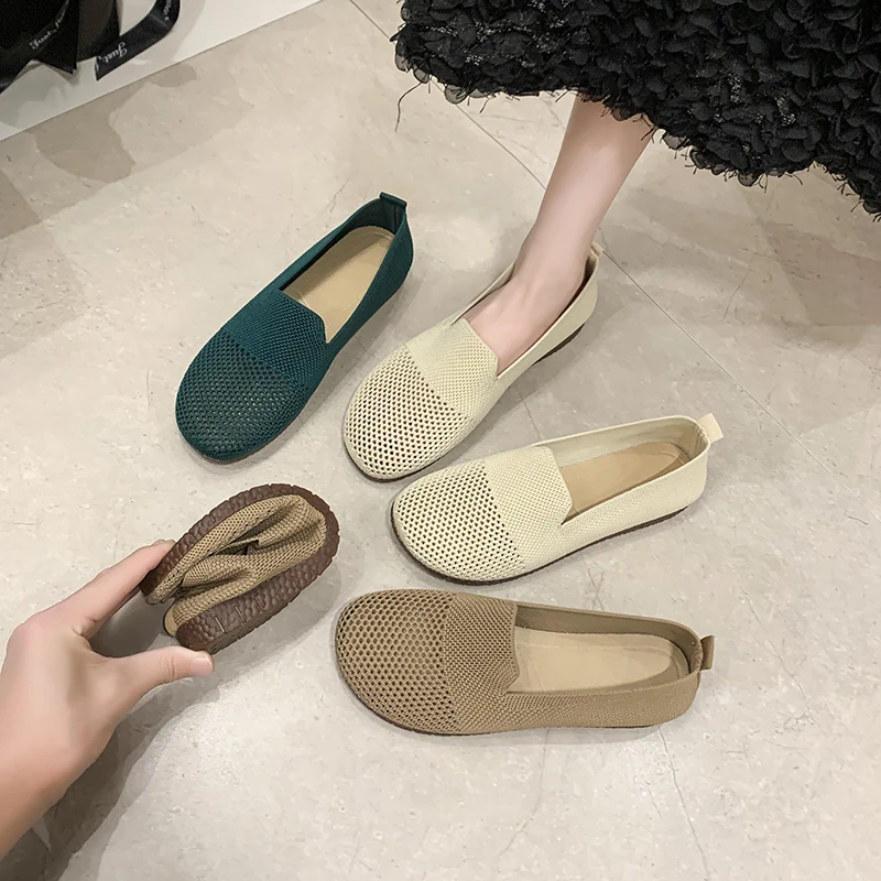 Holes Loafers Summer Casual Shoes Women Flat Heel Square Toe Hollow-out Sneakers Barefoot Shoes Moccasin Female Knitted Flats