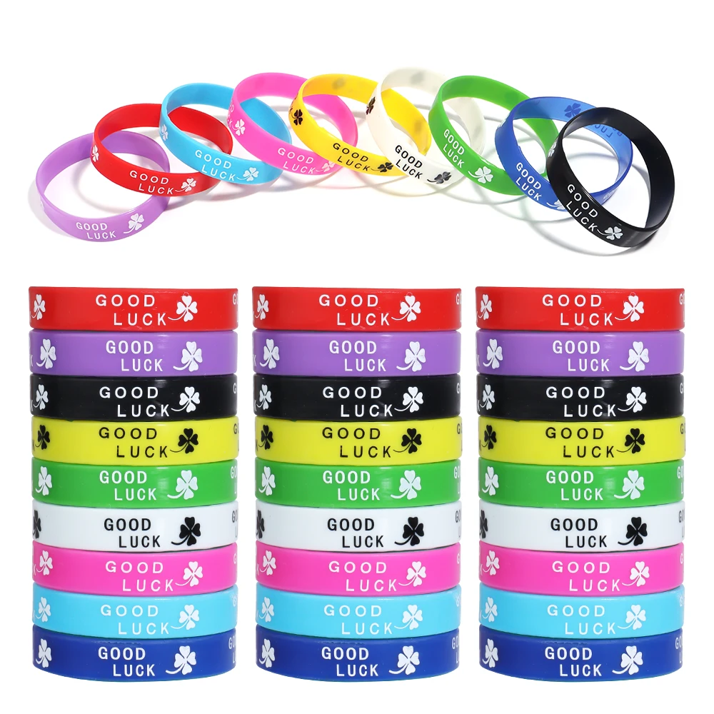 Pulsera de silicona con letras impresas de la buena suerte para hombre y mujer, brazalete deportivo colorido, adornos de regalo, 18cm, 6 unidades por lote