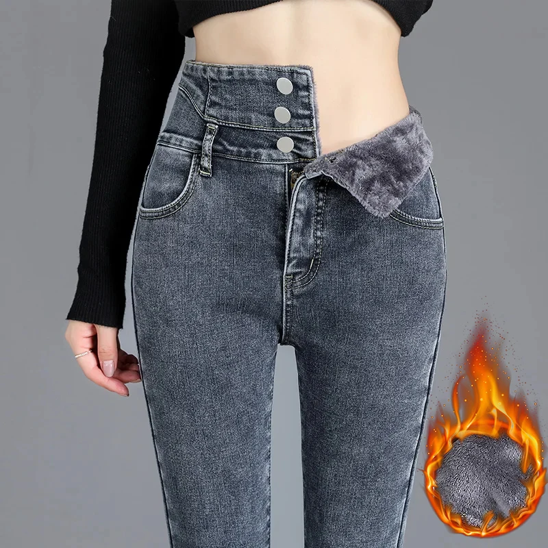 Winter thermische dikke fleece jeans hoge taille dames stretch knop skinny potloodbroek warm fluwelen casual denim broek dragen