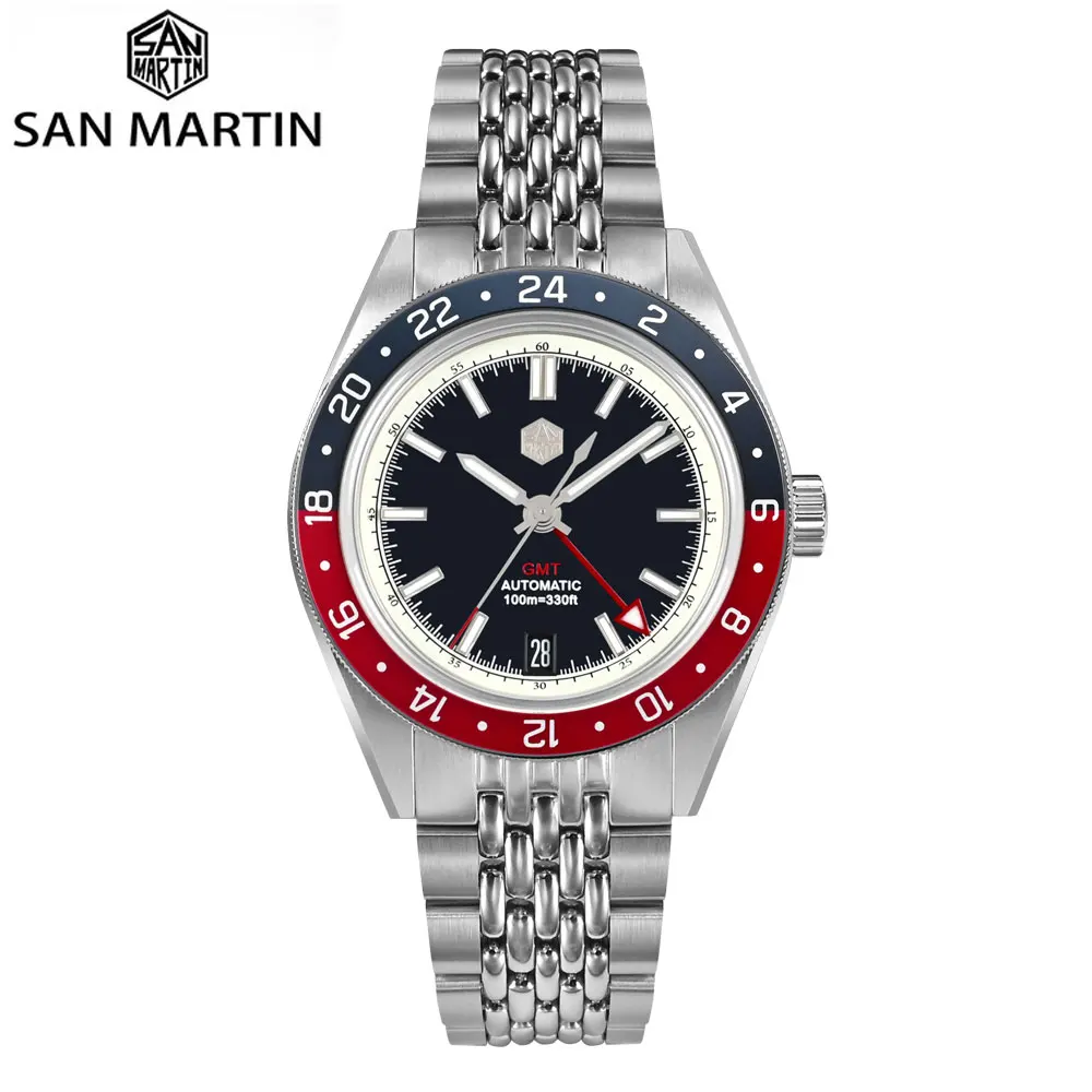 San Martin Original 39.5mm NH34 GMT Men Mechanical Wristwatch Fly Adjustable Clasp Sport Watch Waterproof 10Bar Reloj SN0116-0/4