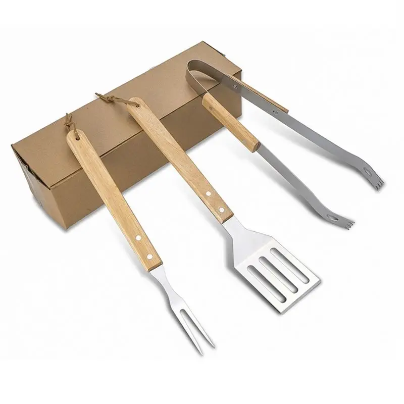 2025+ Wooden Handle Shovel Fork Outdoor Barbecue Tools BBQ Barbecue Set Grill Household Barbecue Clip , 3PCS