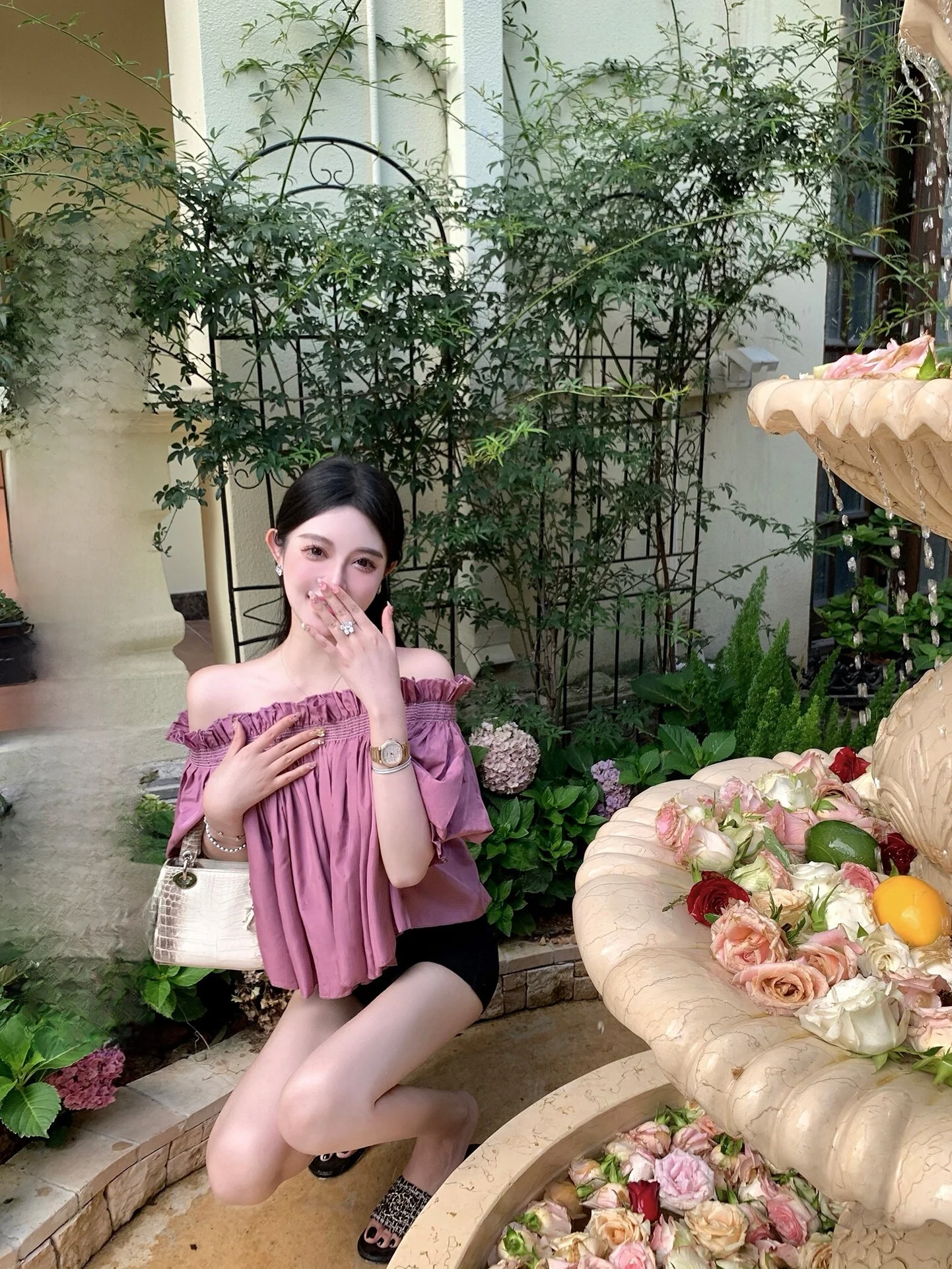 

Eden's Private Collection Heavyweight Cus-Dyed Wisteria Purple One-oulder Pleated Top Sweet Sle Long Sve Loose Fit