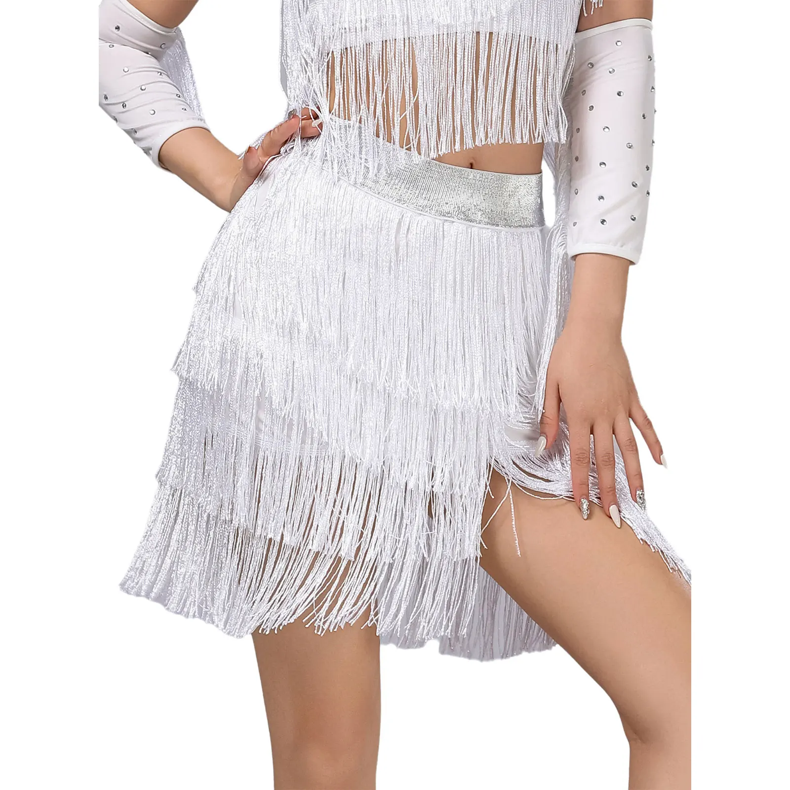 女性ラテンチャチャルンバサンバダンスパフォーマンススカート光沢のあるティアードフリンジスイングタッセルスカートタンゴラテンダンス衣装