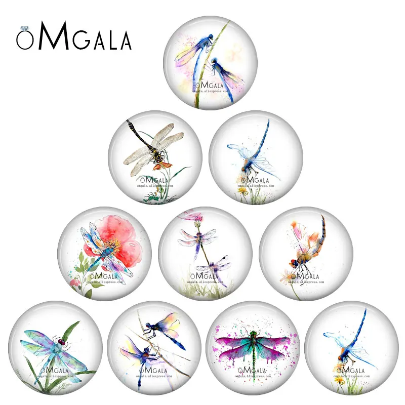 Fashion Watercolor dragonfly art patterns 12mm/16mm/18mm/20mm/25mm Round photo glass cabochon demo flat back Making findings