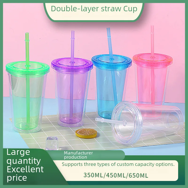 Summer Drink Straw Cup Transparent Heat Insulated Coffee Cup with Lid Double Layer Plastic Cup Korean Cup Printed LOGO Water Mug