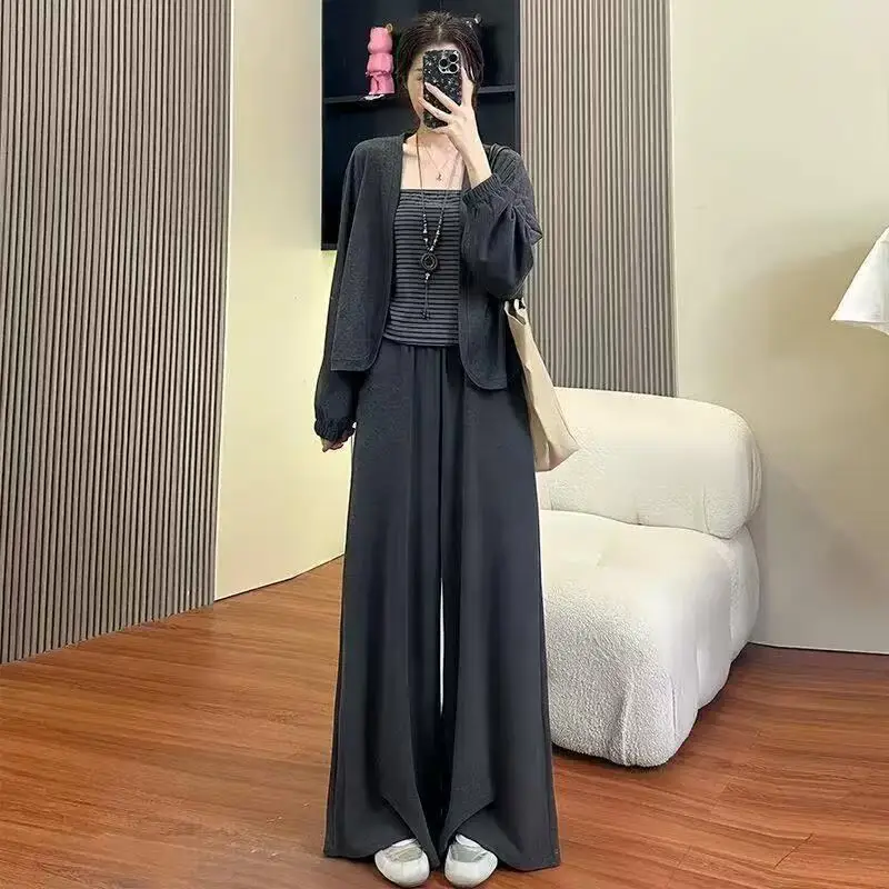 Sheep Cashmere Casual Fashion Set Three-Piece Sleeveless Vest Open Cardigan Wide Leg Pants Spring Autumn New Style Women's Wear