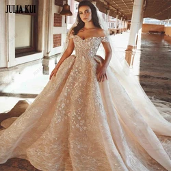 Julia Kui Luxury Shiny Lace Off Shoulder Sleeves Ball Gown Wedding Gown Beading Sequined Bling Flowers Appliques Bride Dress