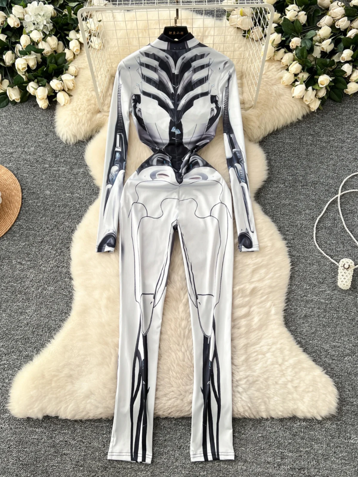 

Модный сексуальный комбинезон с механическим принтом, с высокой талией, облегающие длинные брюки, с длинными рукавами, высоким воротником, весенняя одежда 2025