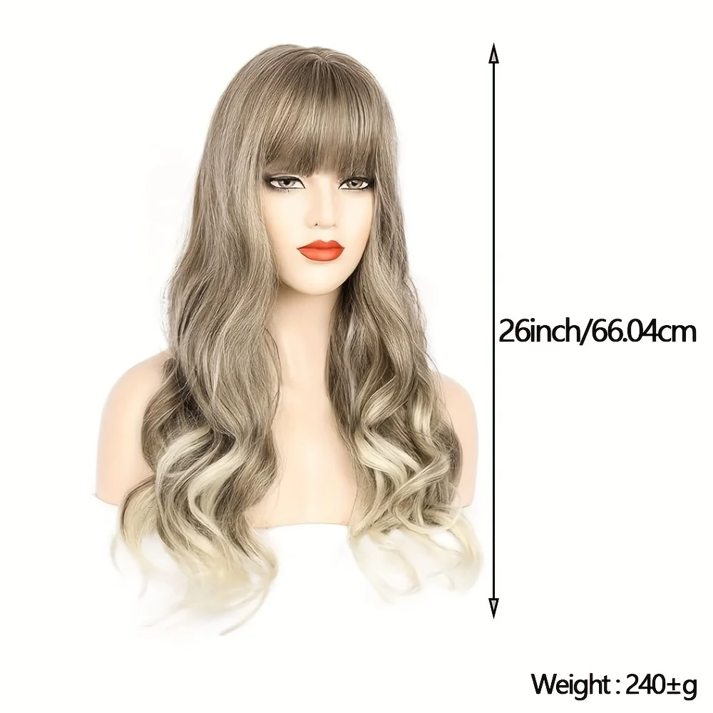 شعر مستعار طويل مموج مع غرة للنساء - شعر مستعار صناعي مموج مقاوم للحرارة بني فاتح مزيج شعر أشقر بمظهر طبيعي وسهل التصميم #5