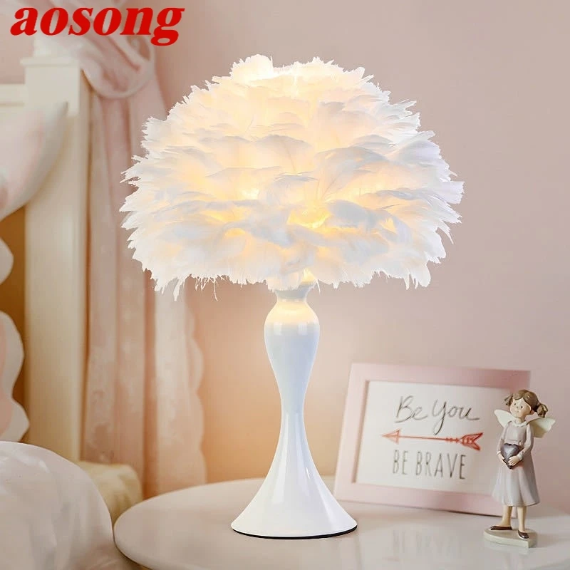 AOSONG Modern Table Lamp LED Creative Design Fashion White Feather Desk Light for Home Living Room Girl‘s Bedroom Bedside Decor