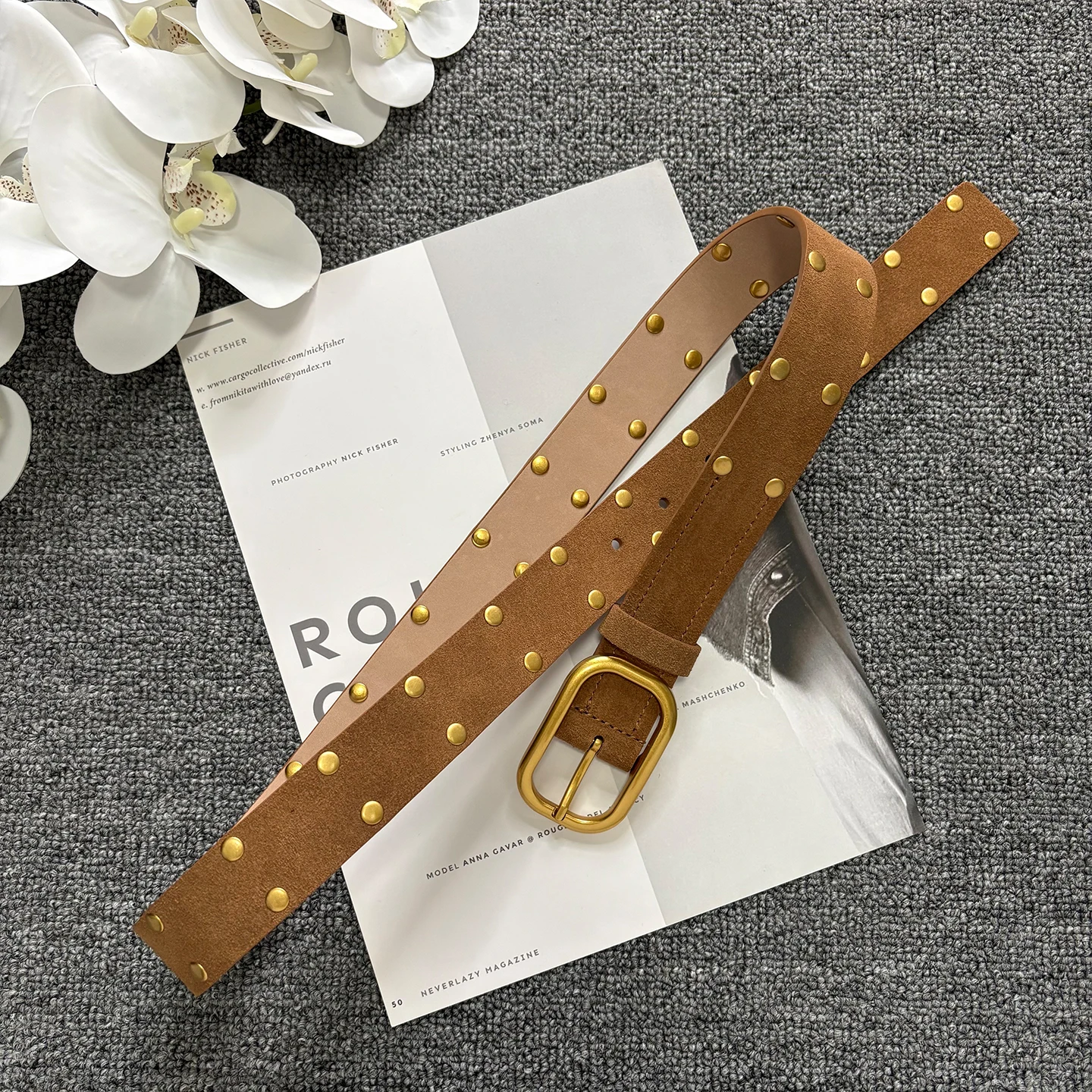 

Punk calf leather rivet leather belt, antique gold metal buckle leather decorative pants belt, casual belt