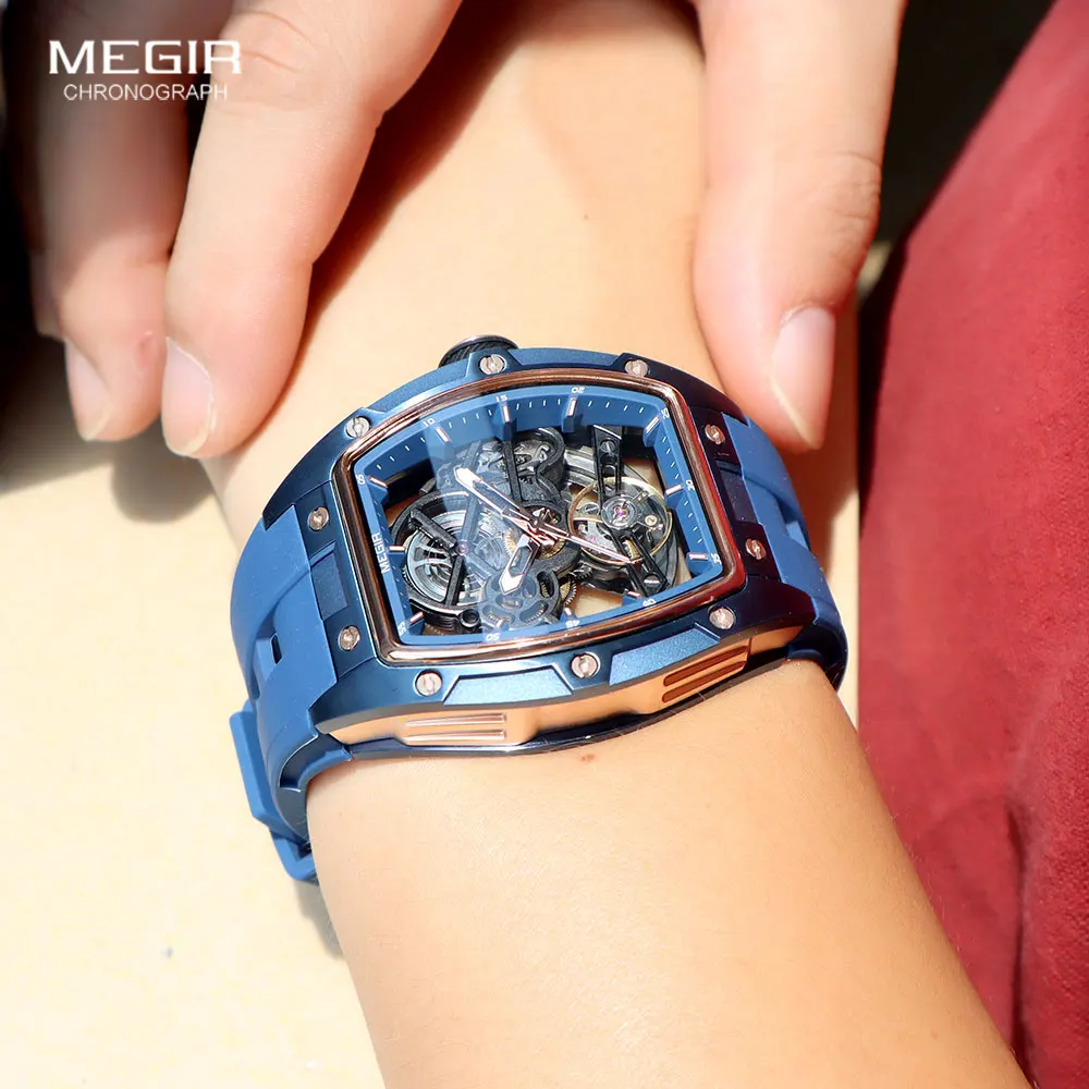 MEGIR 2242 Blue Automatic Watch for Men Sport Waterproof Stainless Steel Mechanical Wristwatch with Silicone Strap Skeleton Dial