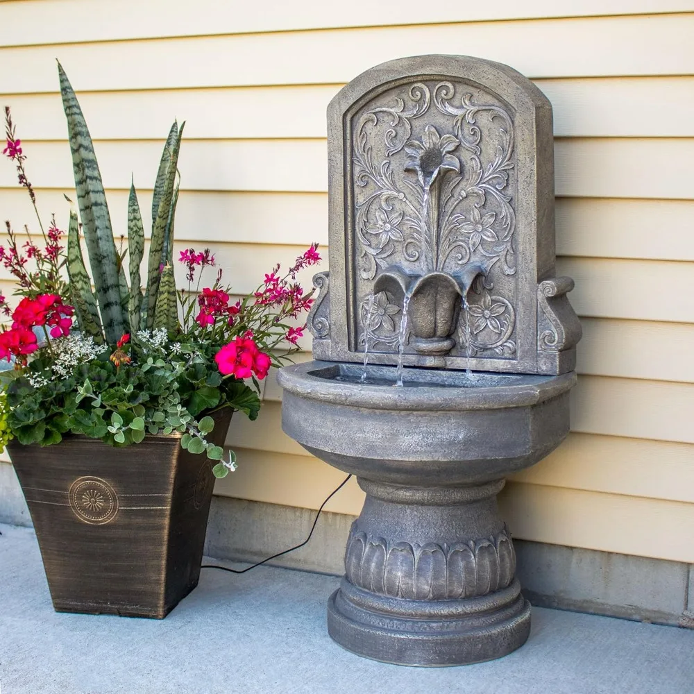 

37.5 H Lovely Lily Polyresin Wall Standing Fountain, Flat Back Pedestal Fountain for The Patio, Deck
