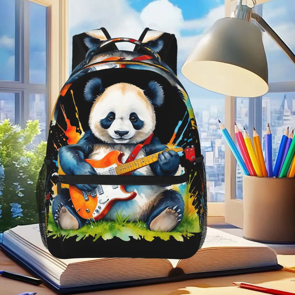 

Watercolor Panda Playing Guitar Student Backpack School Bag Hiking Travel Daypack for Boys Girls Fashion Bookbag Shoulder Bags